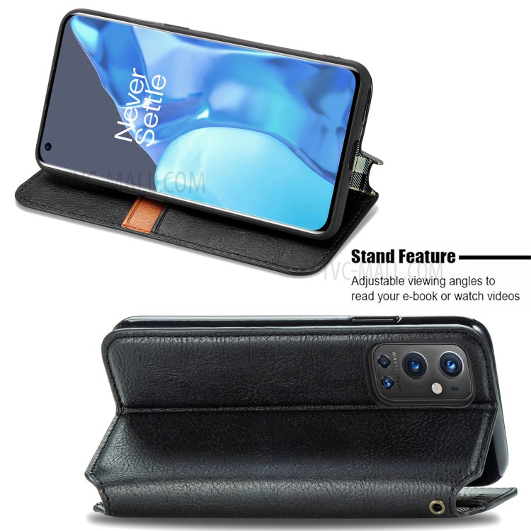 Rhombus Imprinting Design Auto-Absorbed Magnet PU Leather Case with Wallet Stand for OnePlus 9 Pro - Black-3