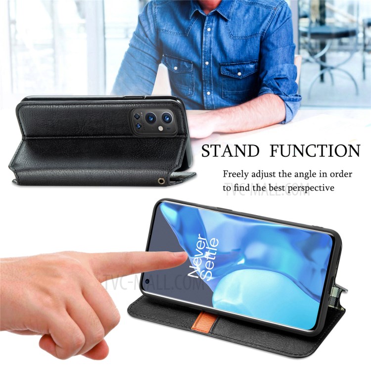 Rhombus Imprinting Design Auto-Absorbed Magnet PU Leather Case with Wallet Stand for OnePlus 9 Pro - Black-4