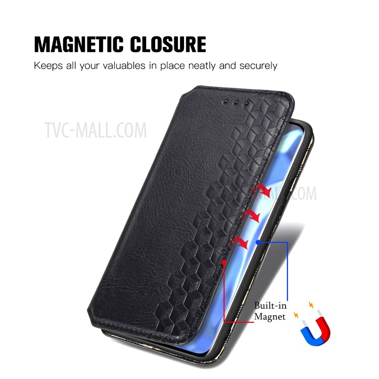 Diseño de Impresión de Rombos Case de Cuero PU Por Imán Absorbido Automáticamente Con Soporte de Billetera Para OnePlus 9 Pro - Negro