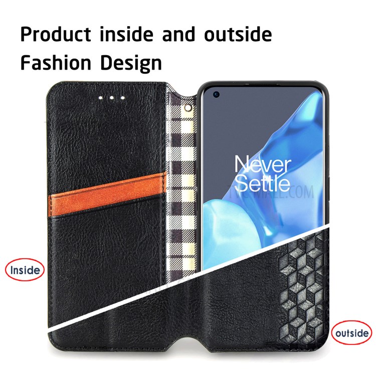 Diseño de Impresión de Rombos Case de Cuero PU Por Imán Absorbido Automáticamente Con Soporte de Billetera Para OnePlus 9 Pro - Negro