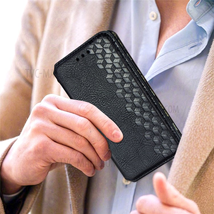 Diseño de Impresión de Rombos Case de Cuero PU Por Imán Absorbido Automáticamente Con Soporte de Billetera Para OnePlus 9 Pro - Negro-8