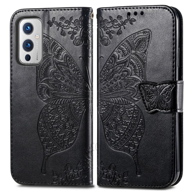 Imprint Big Butterfly Leather Wallet Phone Shell for OnePlus 9 (EU / US Version) - Black-1