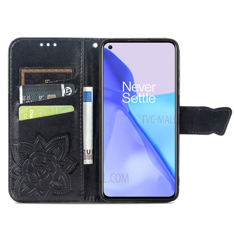 Imprint Big Butterfly Leather Wallet Phone Shell for OnePlus 9 (EU / US Version) - Black-10