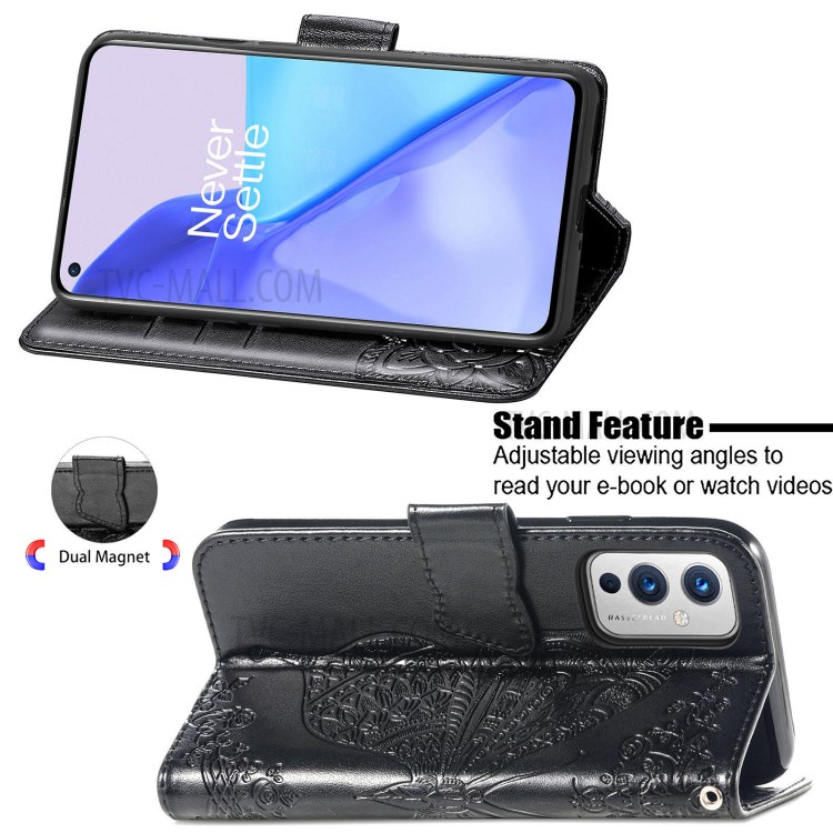 Imprint Big Butterfly Leather Wallet Phone Shell for OnePlus 9 (EU / US Version) - Black-3