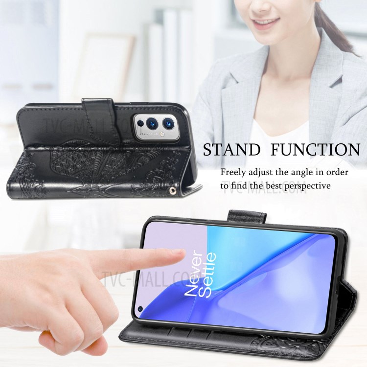 Imprint Big Butterfly Leather Wallet Phone Shell for OnePlus 9 (EU / US Version) - Black-8
