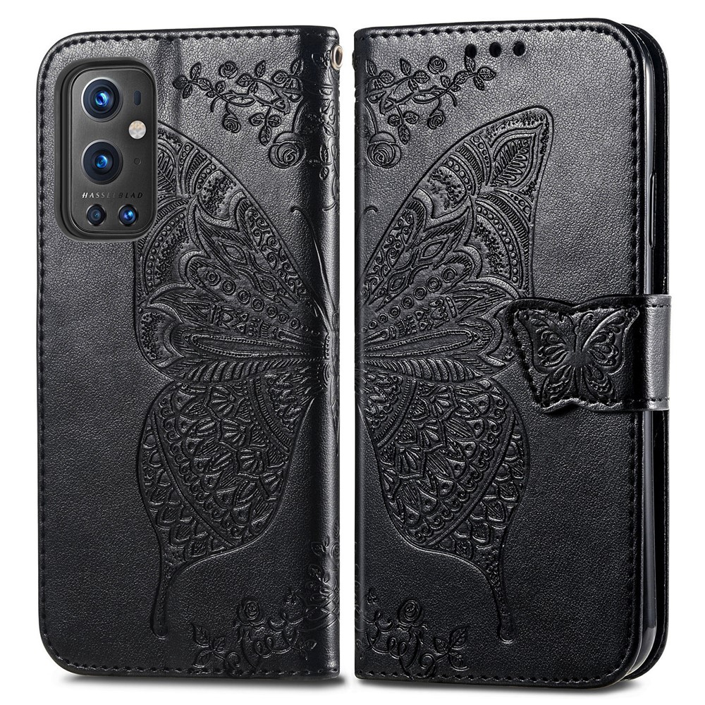 Imprint Big Butterfly Leather Wallet Phone Shell for OnePlus 9 Pro - Black-1