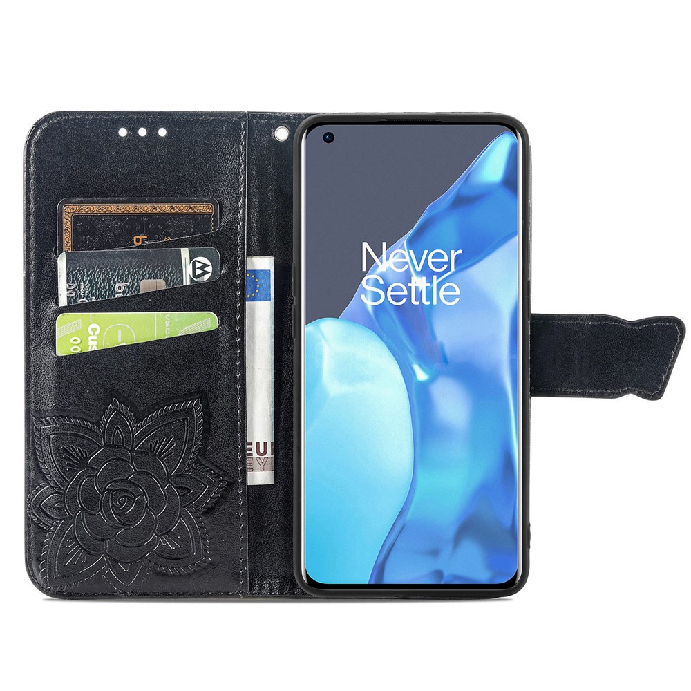 Imprint Big Butterfly Leather Wallet Phone Shell for OnePlus 9 Pro - Black-10