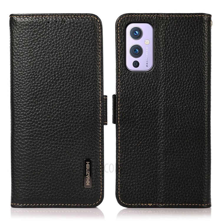 KHAZNEH Wallet Design Litchi Skin Genuine Leather Phone Case with Anti-theft Swiping RFID Blocking Design for OnePlus 9 (EU / US Version) - Black-1