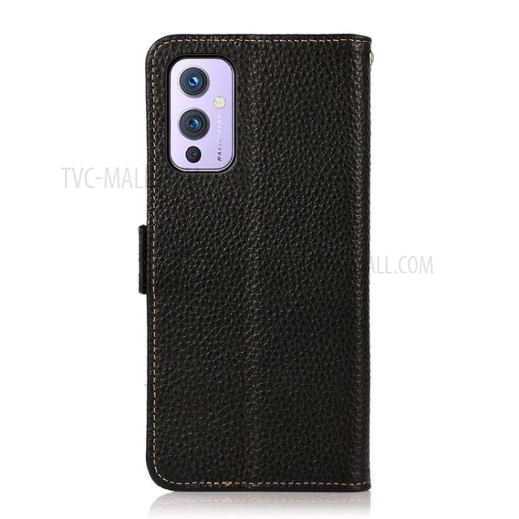 KHAZNEH Wallet Design Litchi Skin Genuine Leather Phone Case with Anti-theft Swiping RFID Blocking Design for OnePlus 9 (EU / US Version) - Black-3