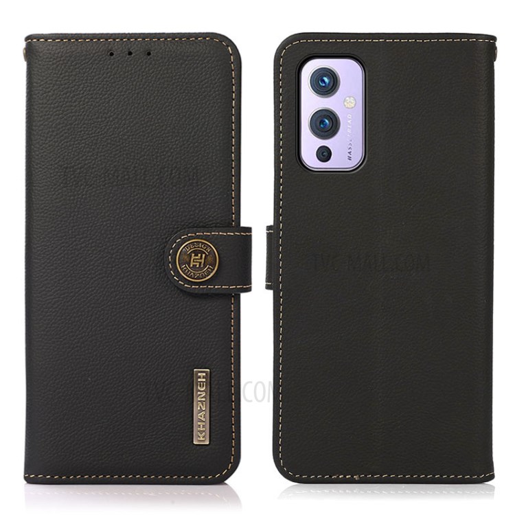 KHAZNEH Genuine Leather Phone Shell Case with RFID Anti-theft Swiping Design for OnePlus 9 (EU / US Version) - Black-1