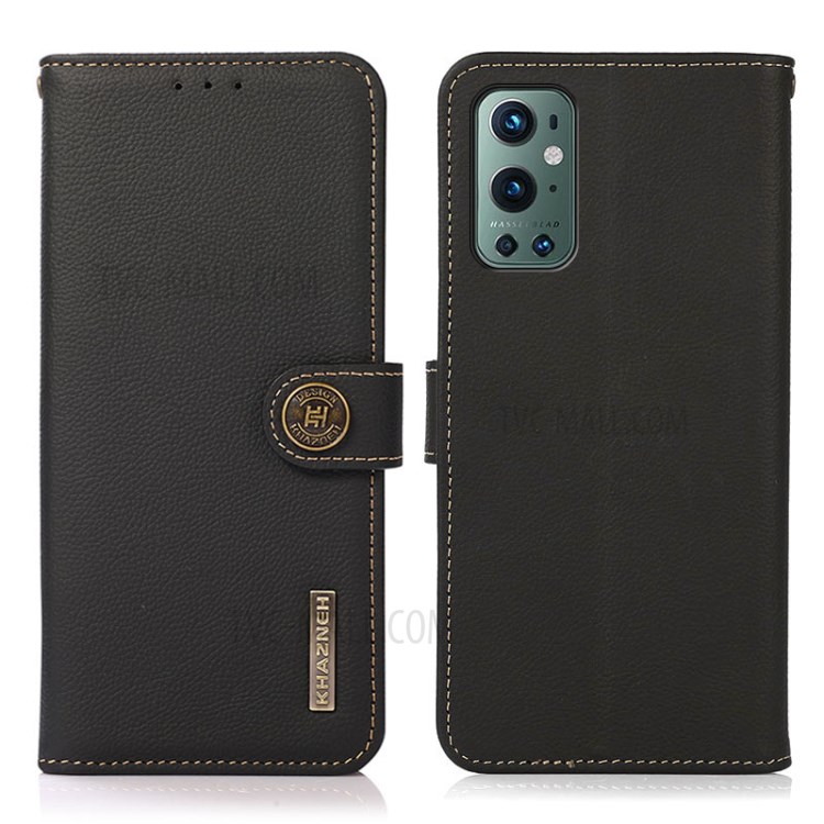 KHAZNEH Genuine Leather Phone Case with RFID Anti-theft Swiping Design for OnePlus 9 Pro - Black-1