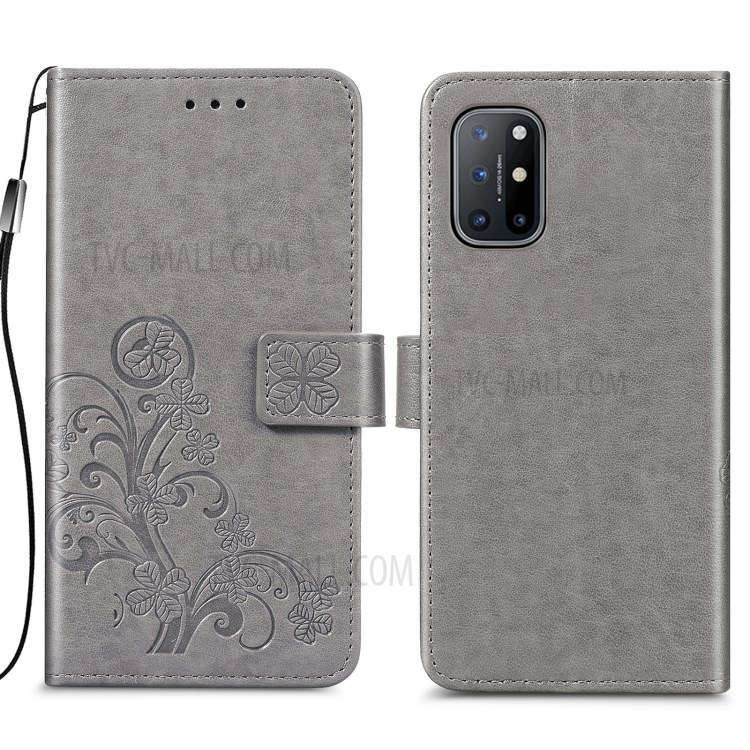 Imprinting Lucky Four Leaf Clovers Pattern Design Magnetic Leather Stand Cover Case for OnePlus 8T - Grey-1