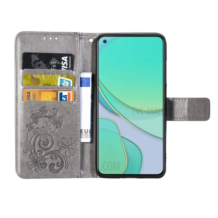 Imprinting Lucky Four Leaf Clovers Pattern Design Magnetic Leather Stand Cover Case for OnePlus 8T - Grey-12