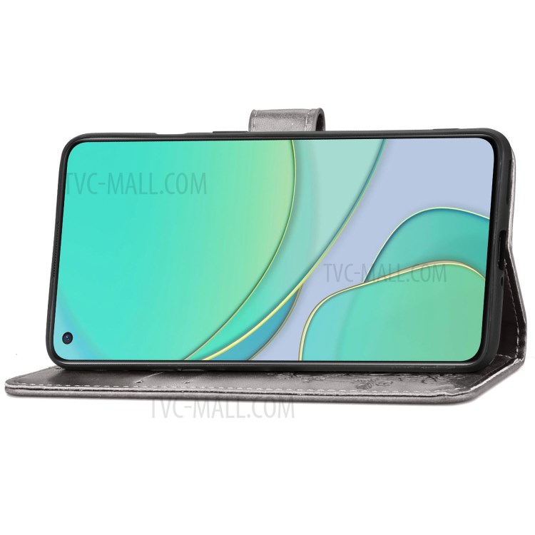 Imprinting Lucky Four Leaf Clovers Pattern Design Magnetic Leather Stand Cover Case for OnePlus 8T - Grey-13