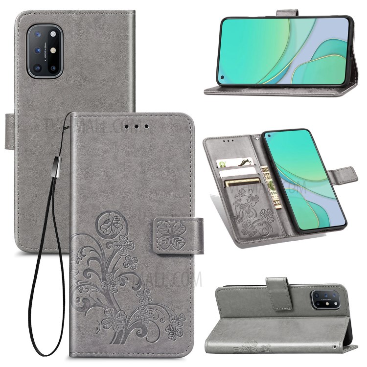 Imprinting Lucky Four Leaf Clovers Pattern Design Magnetic Leather Stand Cover Case for OnePlus 8T - Grey-14
