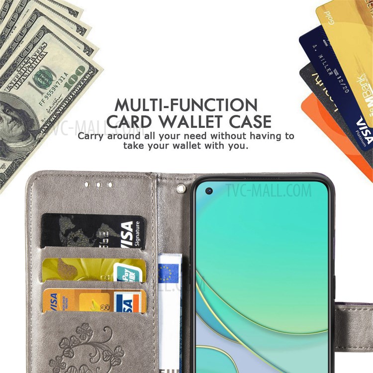 Imprinting Lucky Four Leaf Clovers Pattern Design Magnetic Leather Stand Cover Case for OnePlus 8T - Grey-5