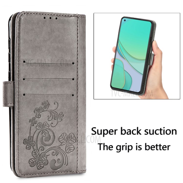 Imprinting Lucky Four Leaf Clovers Pattern Design Magnetic Leather Stand Cover Case for OnePlus 8T - Grey-6