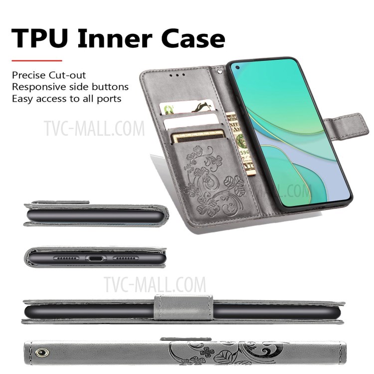 Imprinting Lucky Four Leaf Clovers Pattern Design Magnetic Leather Stand Cover Case for OnePlus 8T - Grey-7