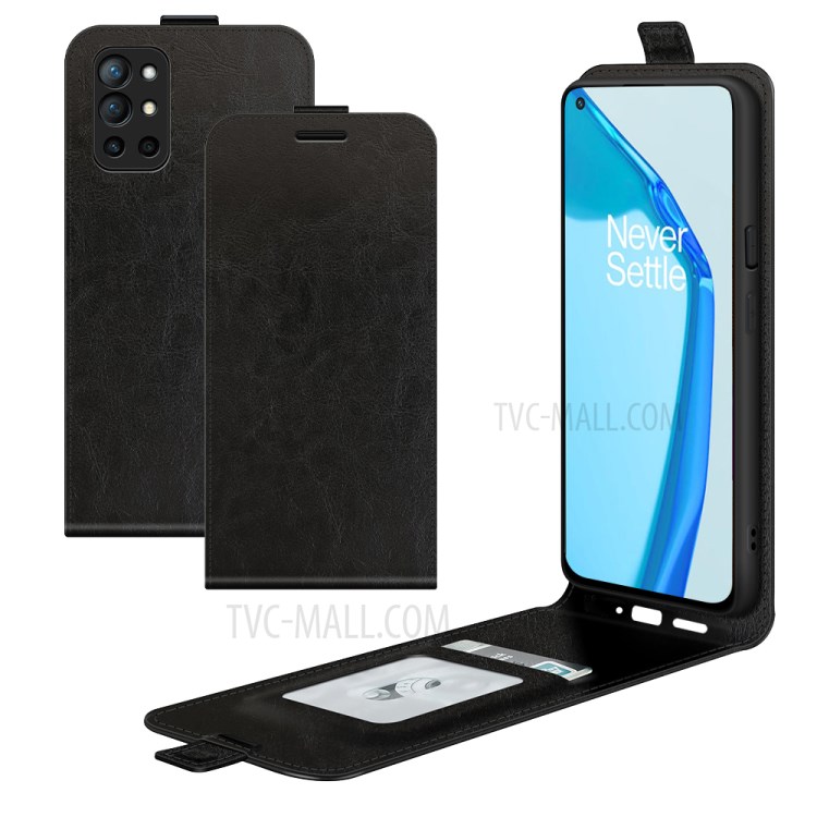 Crazy Horse Leather Protector Case Vertical Flip Phone Cover with Card Slot for OnePlus 9R - Black-1