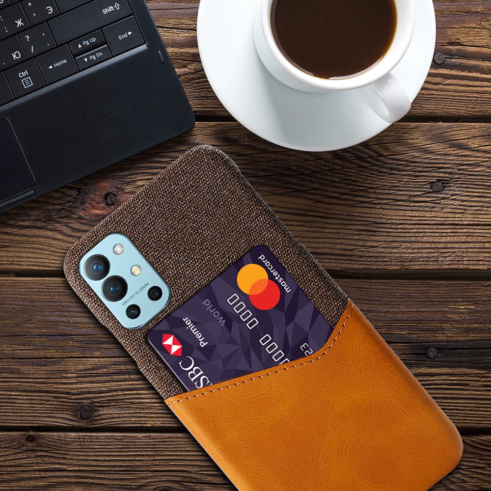 KSQ Cloth + PU Leather Coated PC Hard Mobile Phone Back Case Cover with Card Holder for OnePlus 9R - Orange-4