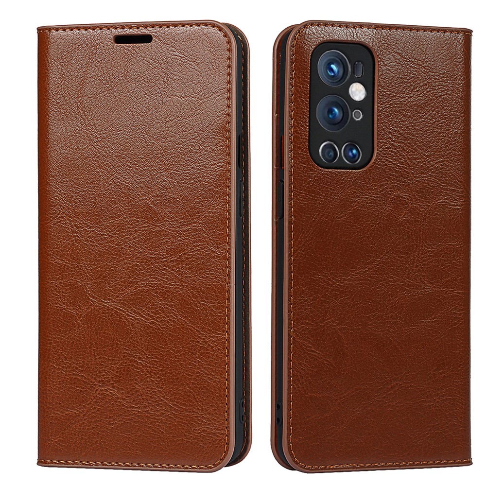 Crazy Horse Texture Genuine Leather Protective Case Wallet Stand Phone Cover for OnePlus 9 Pro - Brown-1