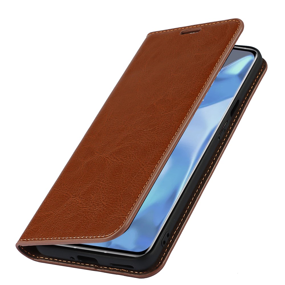 Crazy Horse Texture Genuine Leather Protective Case Wallet Stand Phone Cover for OnePlus 9 Pro - Brown-4
