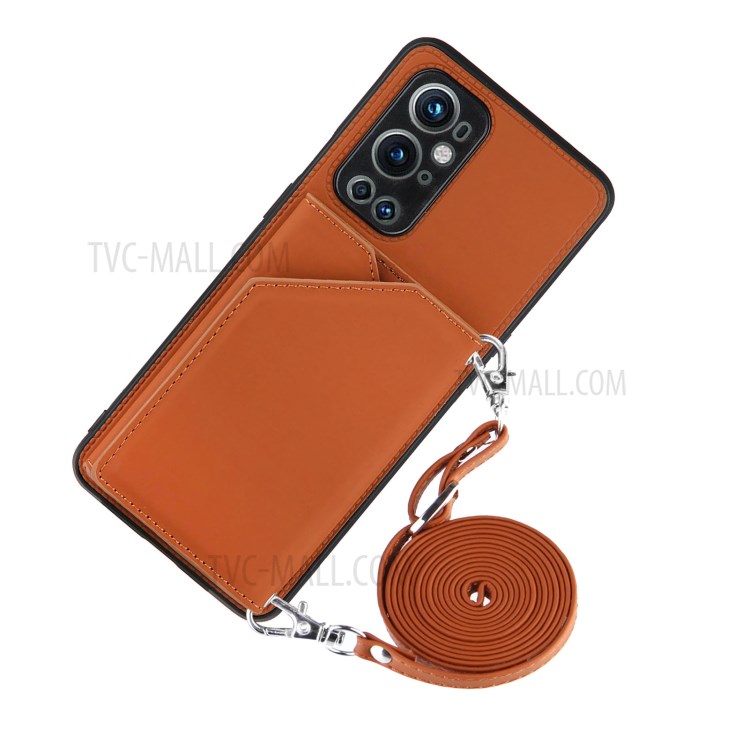 Stand Card Holder Glossy Leather TPU Phone Case for OnePlus 9 Pro - Brown-2
