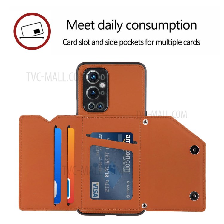 Stand Card Holder Glossy Leather TPU Phone Case for OnePlus 9 Pro - Brown-3