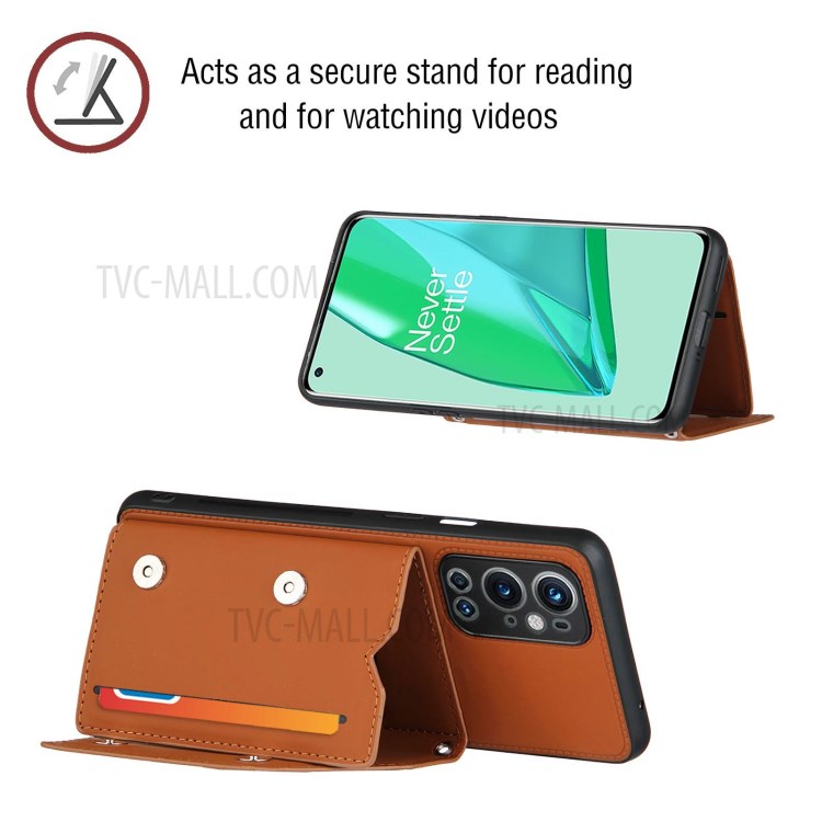 Stand Card Holder Glossy Leather TPU Phone Case for OnePlus 9 Pro - Brown-4