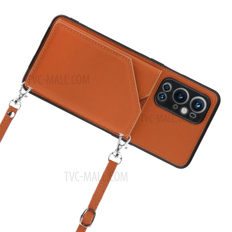 Stand Card Holder Glossy Leather TPU Phone Case for OnePlus 9 Pro - Brown-6