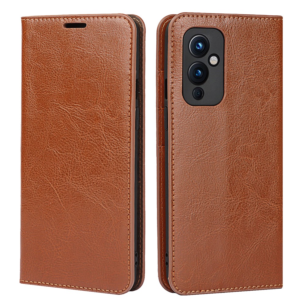 Crazy Horse Skin Genuine Leather Stand Wallet Phone Case Cover for OnePlus 9 (EU / US Version) - Brown-1