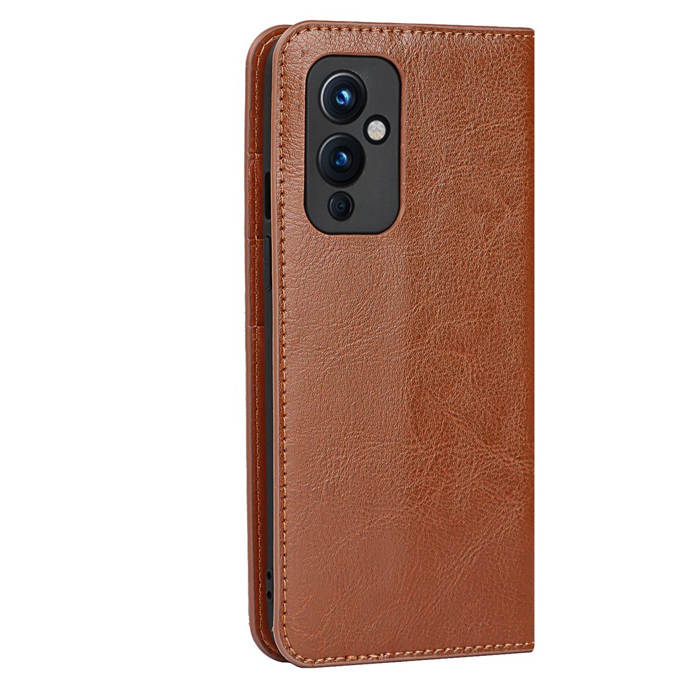 Crazy Horse Skin Genuine Leather Stand Wallet Phone Case Cover for OnePlus 9 (EU / US Version) - Brown-3