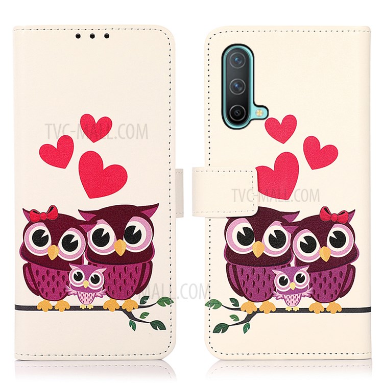 Pattern Printing Magnetic Clasp PU Leather Phone Wallet Stand Cover Shell Case for OnePlus Nord CE 5G - Owls and Hearts-1