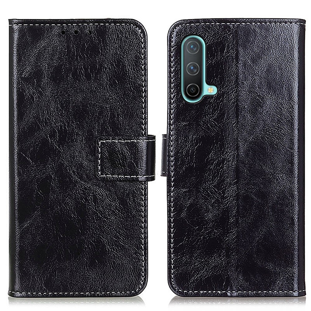 Vintage Style Crazy Horse Skin Shockproof Leather Wallet Stand Phone Case Cover for OnePlus Nord CE 5G - Black-1