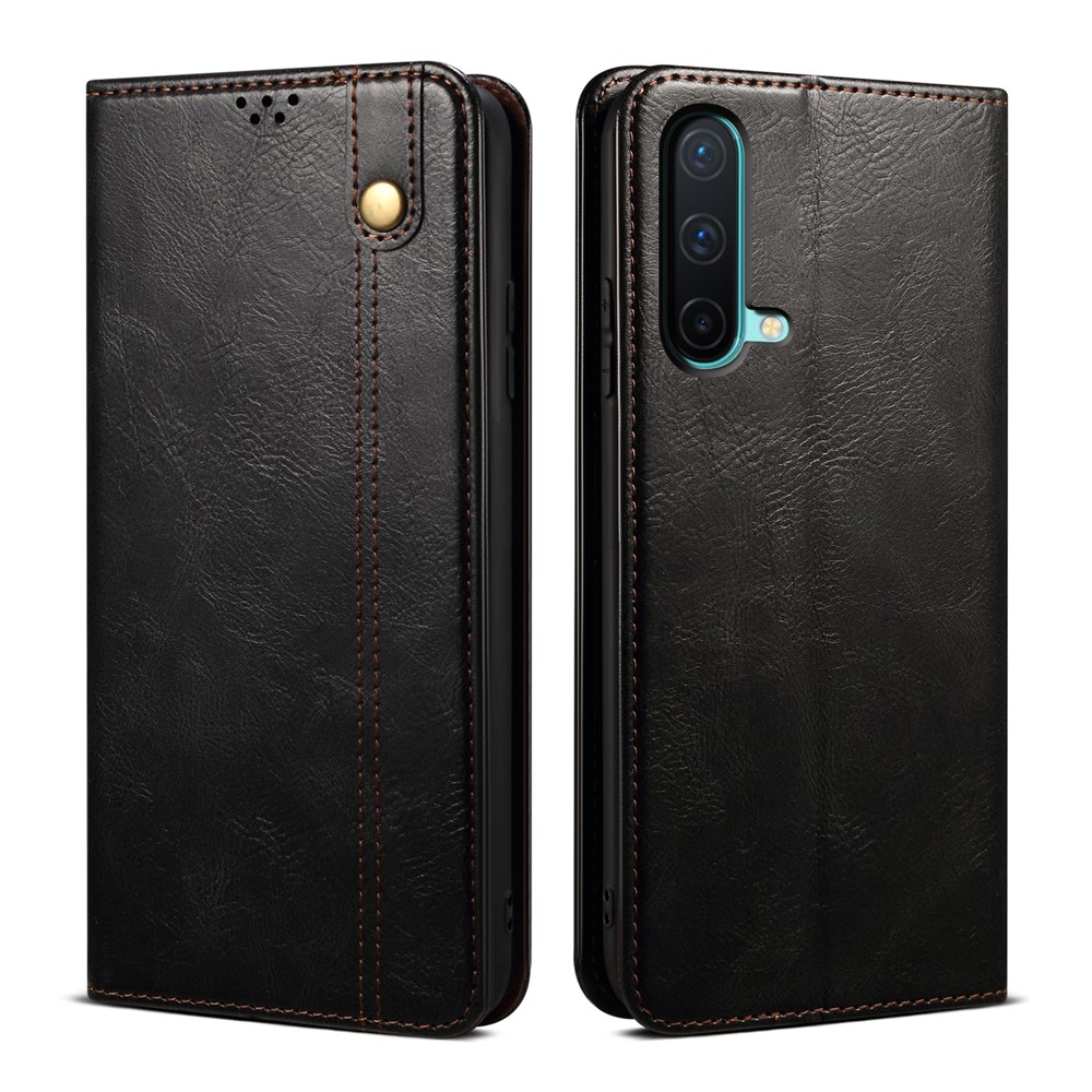 Wallet Stand Design Oil-Waxy Leather Phone Case for OnePlus Nord CE 5G - Black-1