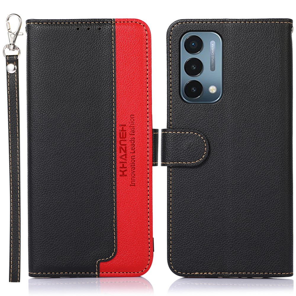 KHAZNEH Anti-theft Swiping Design Phone Case Litchi Texture Bi-color Leather Shell Cover for OnePlus Nord N200 5G - Black-1