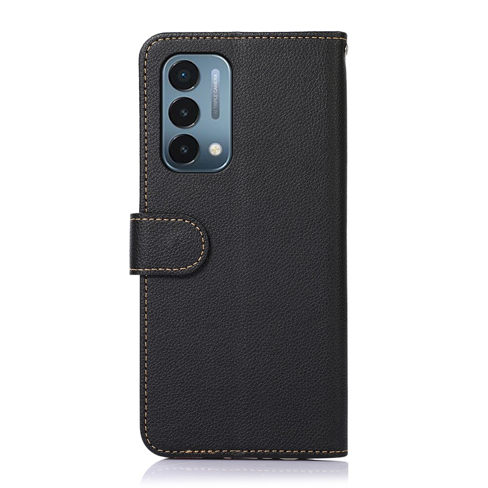 KHAZNEH Anti-theft Swiping Design Phone Case Litchi Texture Bi-color Leather Shell Cover for OnePlus Nord N200 5G - Black-3