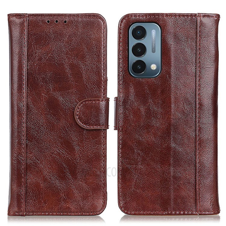 Crazy Horse Texture Double Stitching Line Cover Split Leather Stand Wallet Phone Case for OnePlus Nord N200 5G - Brown-1
