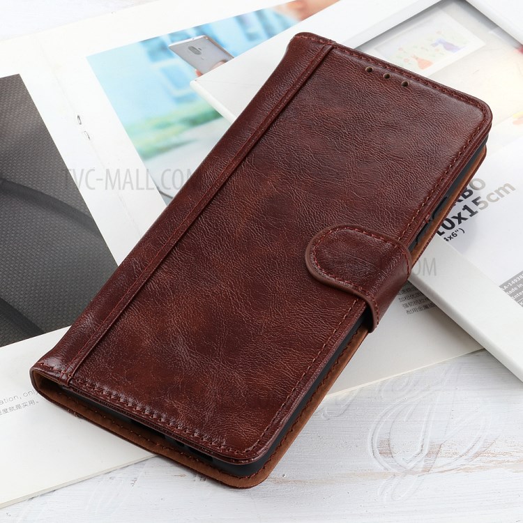 Crazy Horse Texture Double Stitching Line Cover Split Leather Stand Wallet Phone Case for OnePlus Nord N200 5G - Brown-9