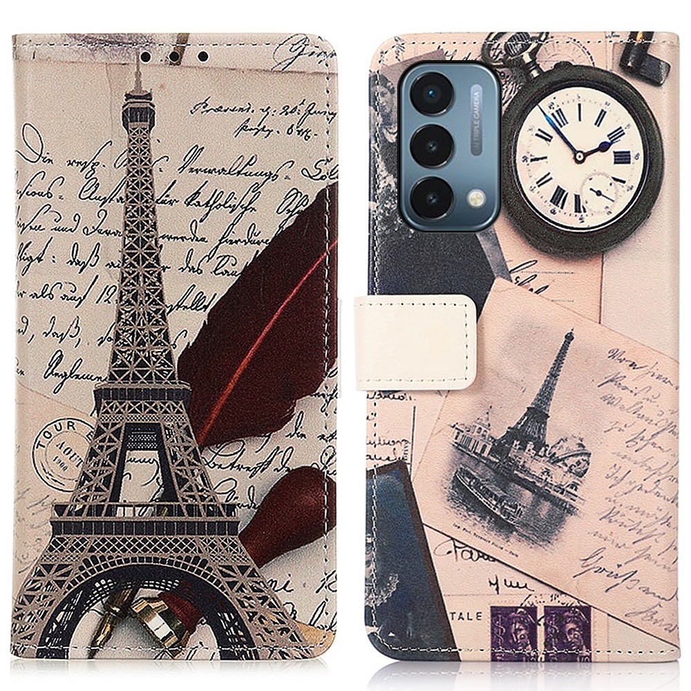 Wallet Classic Pattern Printing Premium PU Leather Stand Flip Cover with Magnetic Clasp Closure for OnePlus Nord N200 5G - Eiffel Tower and Feather-1