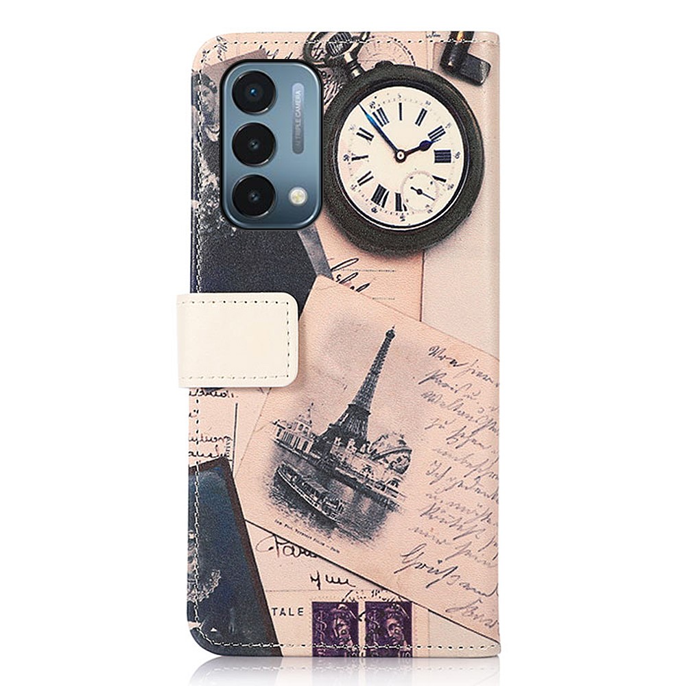 Wallet Classic Pattern Printing Premium PU Leather Stand Flip Cover with Magnetic Clasp Closure for OnePlus Nord N200 5G - Eiffel Tower and Feather-3