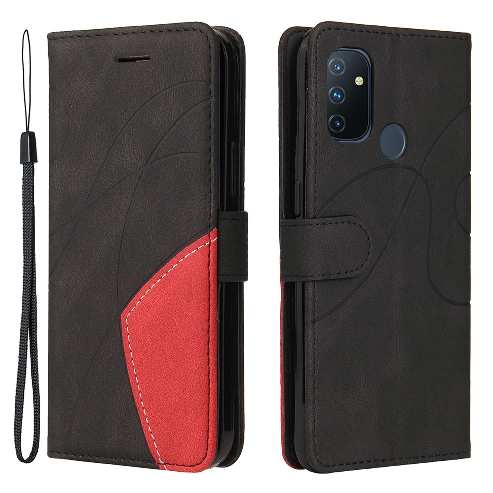 PU Leather Bi-colour Splicing Style Phone Stand Wallet Case Cover for OnePlus Nord N100 - Black-1