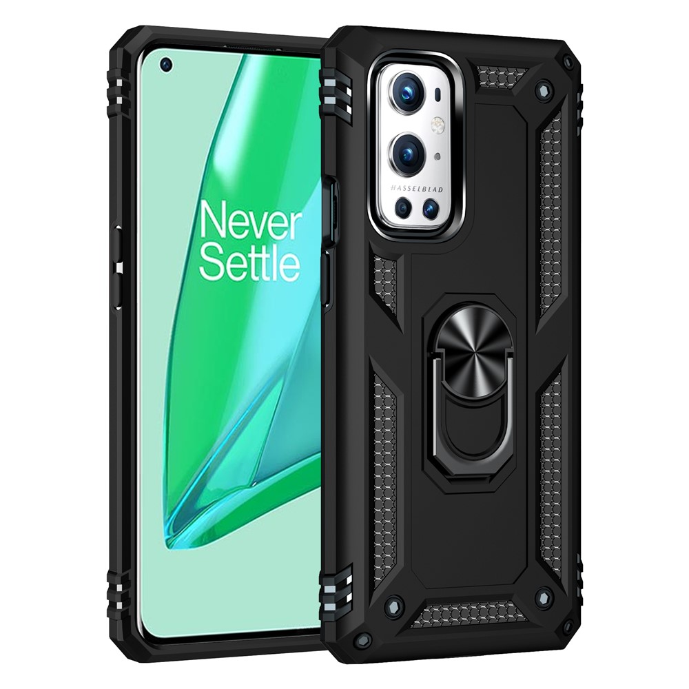 Dual Layer Tank Armor Hybrid Shockproof Soft TPU + Tough PC Back Cover with Kickstand Ring for OnePlus 9 Pro - Black-2