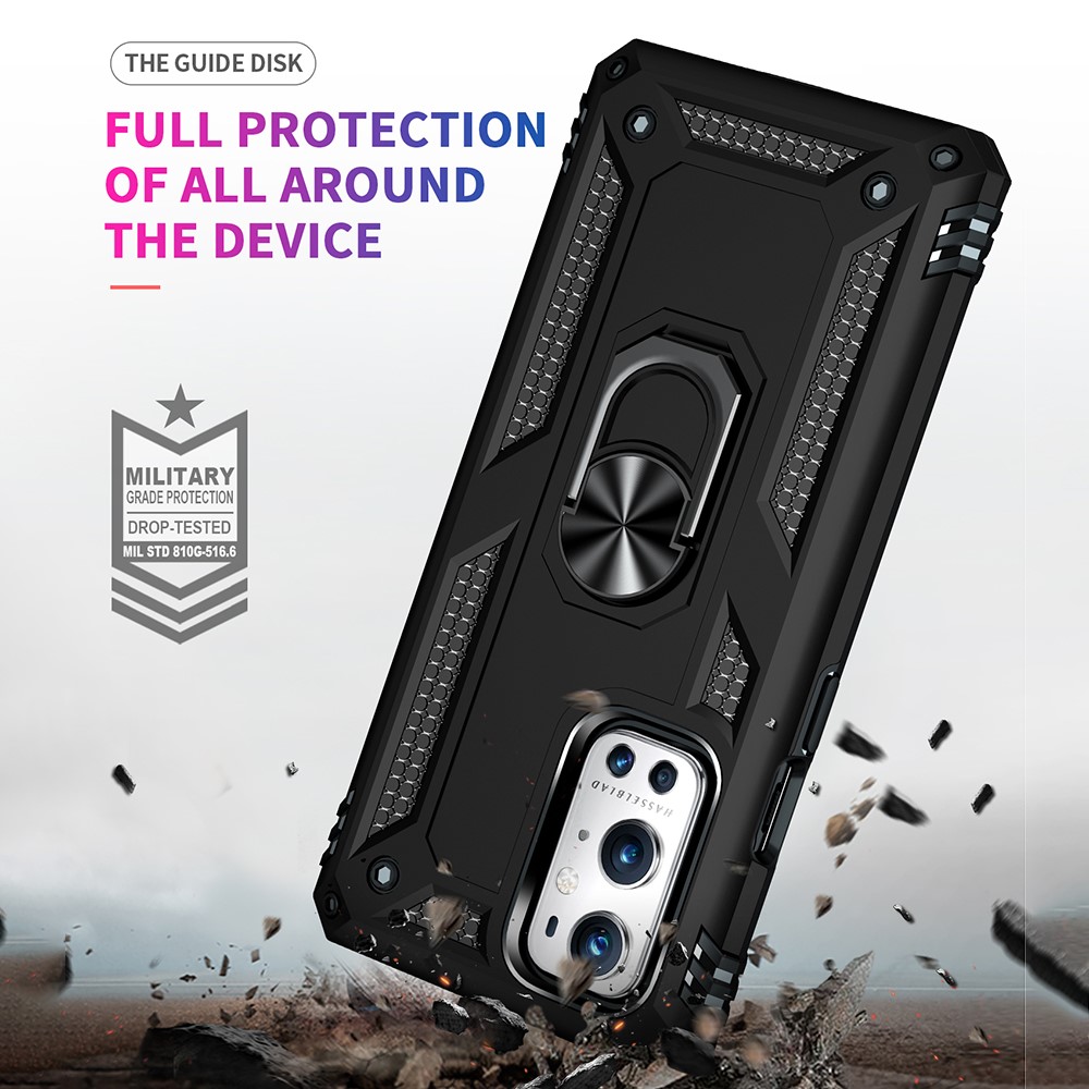 Dual Layer Tank Armor Hybrid Shockproof Soft TPU + Tough PC Back Cover with Kickstand Ring for OnePlus 9 Pro - Black-6