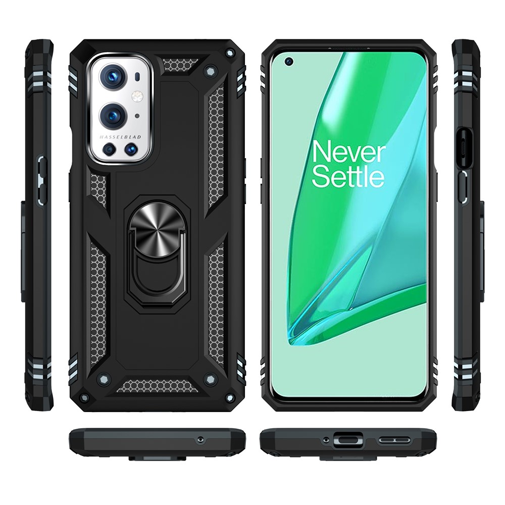 Dual Layer Tank Armor Hybrid Shockproof Soft TPU + Tough PC Back Cover with Kickstand Ring for OnePlus 9 Pro - Black-8