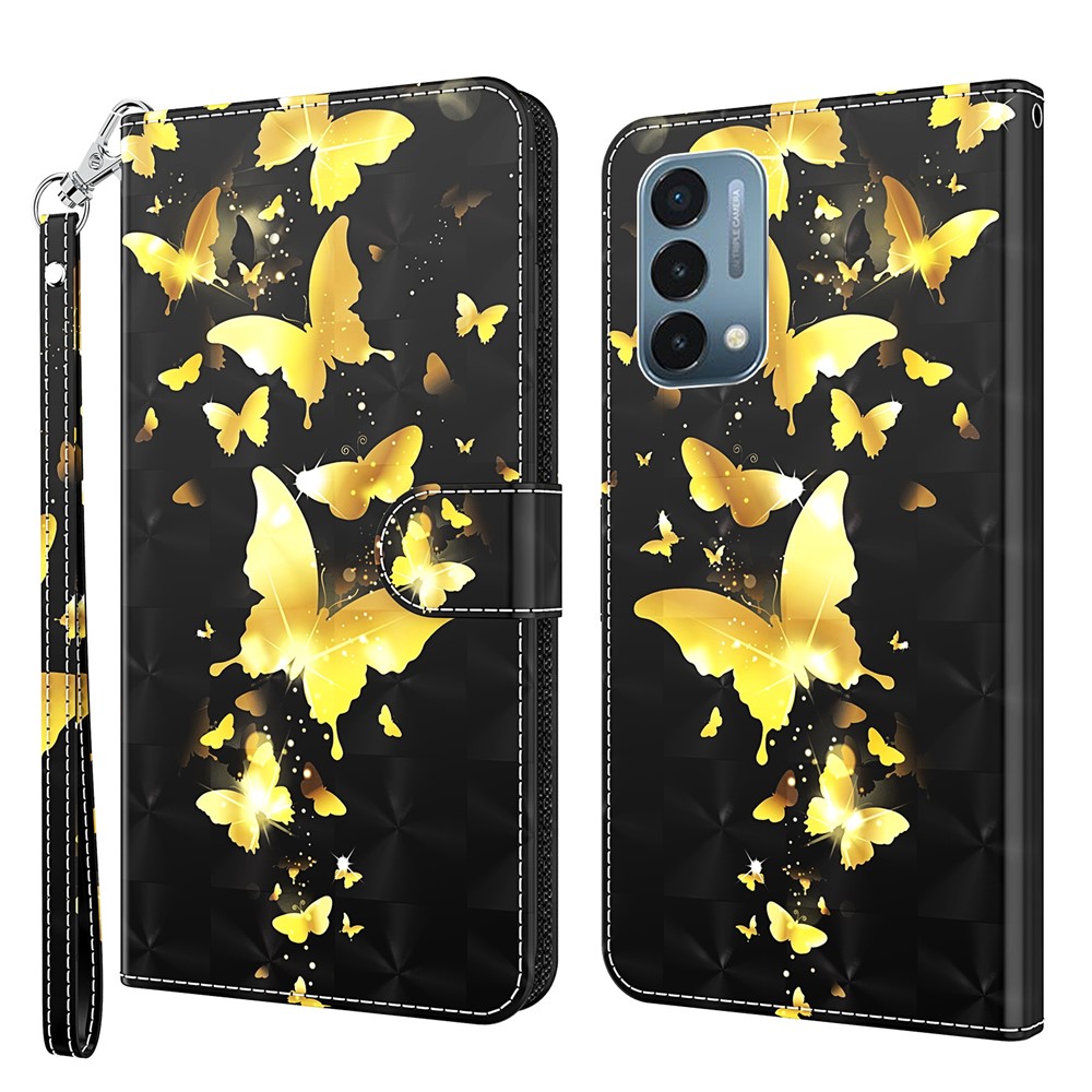 Pattern Printing Wallet Leather Protector Cover for OnePlus Nord N200 5G - Gold Butterfly-1