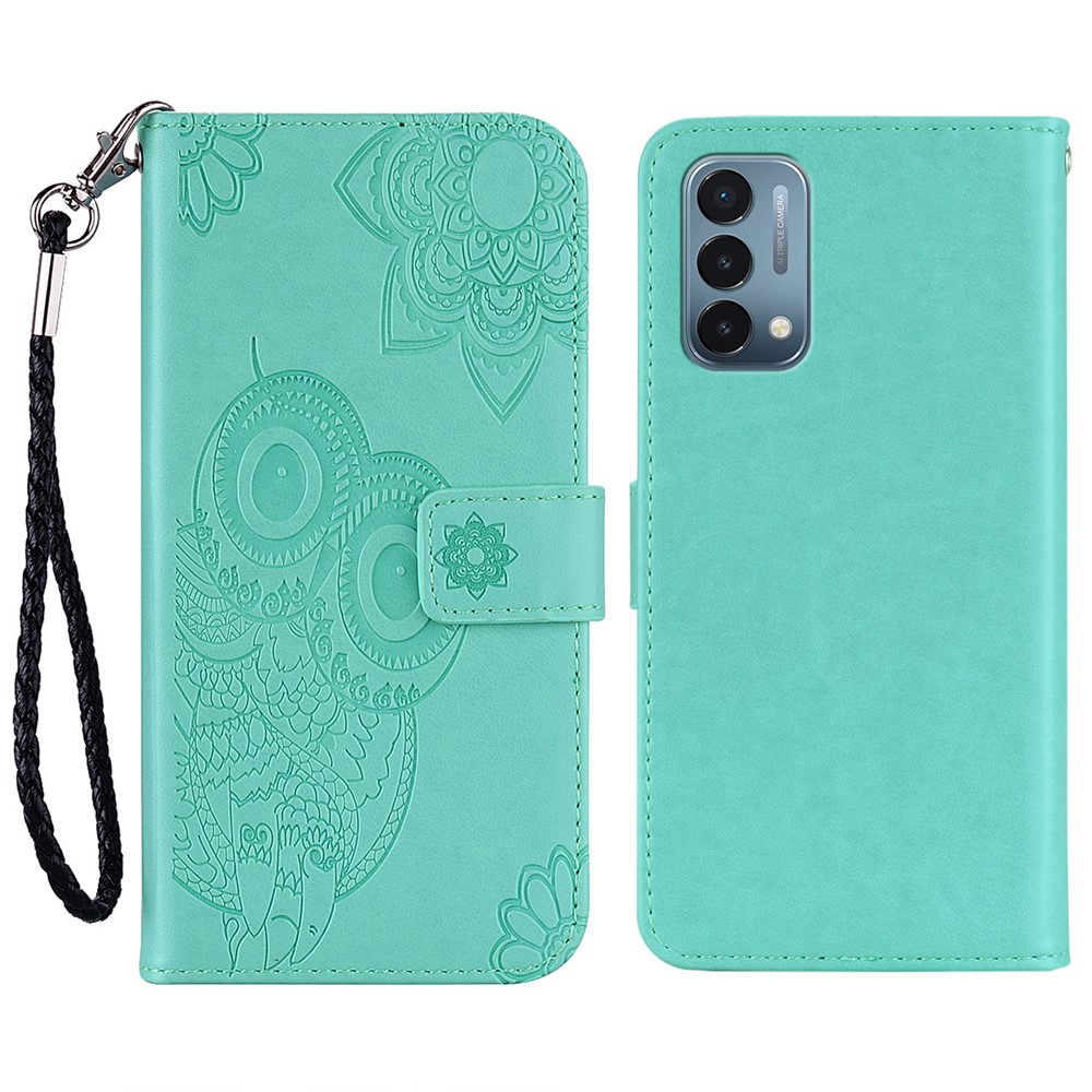 Full Protective Imprint Owl Flower Leather Wallet Stand Phone Case for OnePlus Nord N200 5G - Green-1