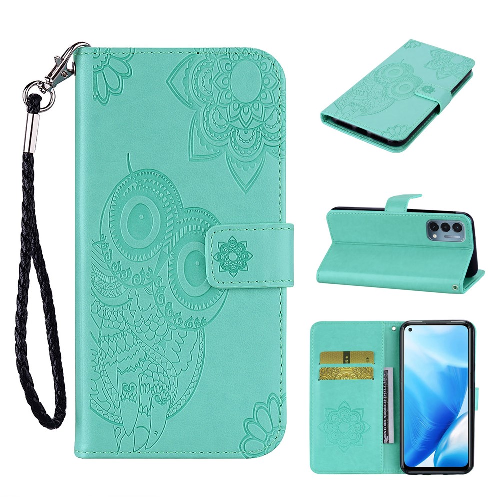 Full Protective Imprint Owl Flower Leather Wallet Stand Phone Case for OnePlus Nord N200 5G - Green-8