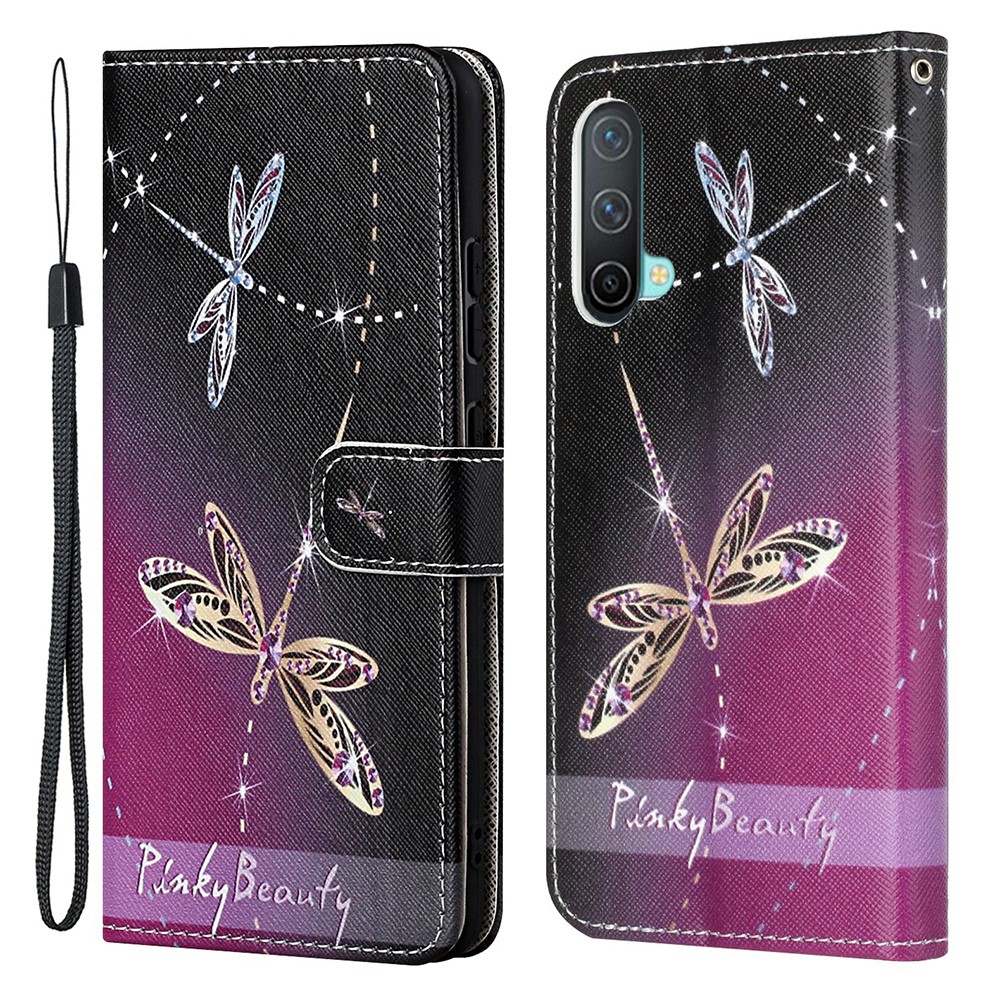 Pattern Printing Cross Texture Leather Wallet Phone Stand Case Cover for OnePlus Nord CE 5G - Dragonfly-1
