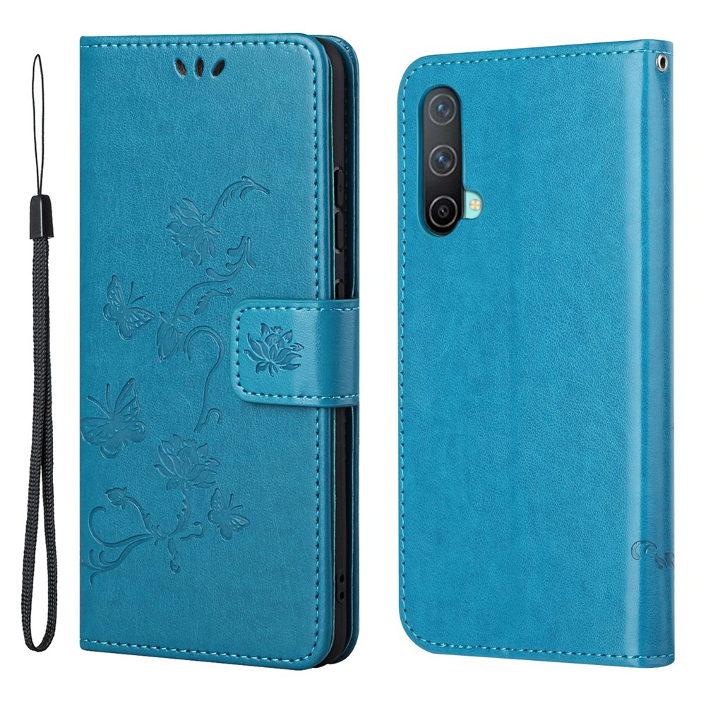 Flower Butterfly Imprint Leather Wallet Stand Phone Cover with Lanyard for OnePlus Nord CE 5G - Blue-1